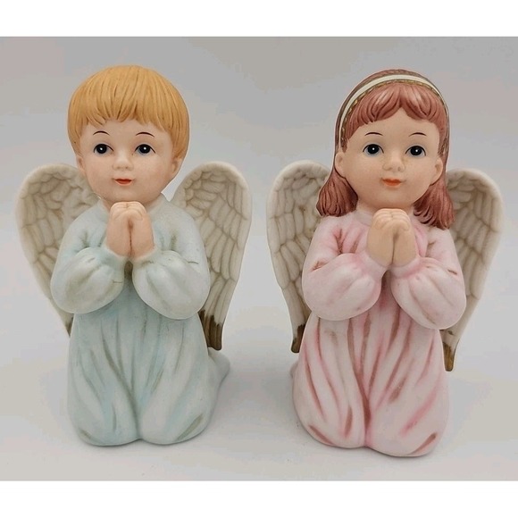Homco Precious Prayers Girl & Boy Angels 1412 Kneeling Praying Made In Sri Lanka - Picture 1 of 5